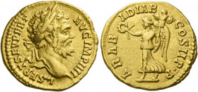 Septimius Severus, 193 – 211.   Aureus 194, AV 7.20 g. L SEPT SEV PERT – AVG IMP IIII Laureate head r. Rev. ARAB – ADIAB COS II P P Victory advancing ...