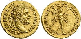 Septimius Severus, 193 – 211.   Aureus 195, AV 7.27 g. L SEPT SEV PERT – AVG IMP VII Laureate head r. Rev. DIVI M PII F P M TR P III COS II P P Mars a...