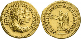 Septimius Severus, 193 – 211.   Aureus 202-210, AV 7.24 g. IMPP INVICTI PII AVGG Conjoined laureate, draped and cuirassed busts of S. Severus and Cara...