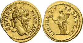 Septimius Severus, 193 – 211.   Aureus 202-210, AV 7.26 g. SEVERVS – PIVS AVG Laureate head r. Rev. LIBERA – LI – TAS AVG VI Liberalitas standing l., ...