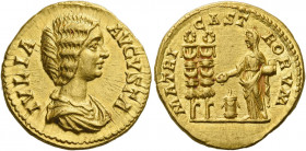 Julia Domna, wife of Septimius Severus.   Aureus circa 196-211, AV 7.26 g. IVLIA – AVGVSTA Draped bust r. Rev. MATRI – CASTRO – RVM Julia Domna, sacri...