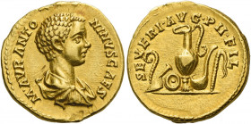 Caracalla caeasar, 195 – 198.   Aureus circa 196, AV 7.25 g. M AVR ANTO – NINVS CAES Bare-headed, draped and cuirassed bust r. Rev. SEVERI AVG P II FI...