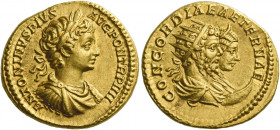 Caracalla augustus, 198 – 217.   Aureus 201, AV 7.10 g. ANTONINVS PIVS AVG PON TR P IIII Laureate, draped and cuirassed bust of Caracalla r. Rev. CONC...