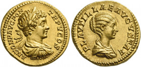 Caracalla augustus, 198 – 217.   Aureus 202, AV 7.52 g. ANTON P AVG PON – TR P V COS Laureate, draped and cuirassed bust r. Rev. PLAVTILLAE AVGVSTAE D...