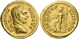 Caracalla augustus, 198 – 217.   Aureus 205, AV 7.19 g. ANTONINVS – PIVS AVG Laureate, draped and cuirassed bust r. Rev. PONTIF TR P – VIII COS II Mar...