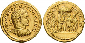 Caracalla augustus, 198 – 217.   Aureus 215, AV 7.21 g. ANTONINVS PIVS AVG GERM Laureate, draped and cuirassed bust r. Rev. P M TR P XVIII – COS IIII ...