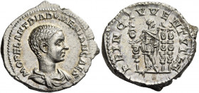 Diadumenian caesar, 217-218.   Denarius circa 217-218, AR 4.04 g. M OPEL ANT DIADVMENIAN CAES Bareheaded and draped bust r. Rev. PRINC IVVENTVTIS Diad...