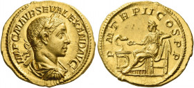 Severus Alexander augustus, 222 – 235.   Aureus 223, AV 6.24 g. IMP C M AVR SEV ALEXAND AVG Laureate, draped and cuirassed bust r. Rev. P M TR P II CO...