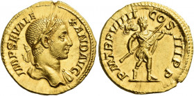 Severus Alexander augustus, 222 – 235.   Aureus 230, AV 5.87 g. IMP SEV ALE – XAND AVG Laureate bust r., with drapery on l. shoulder. Rev. P M TR P VI...