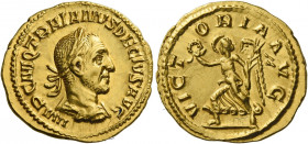 Trajan Decius, 249 – 251.   Aureus 249-251, AV 4.06 g. IMP C M Q TRAIANVS DECIVS AVG Laureate and cuirassed bust r. Rev. VICT – ORIA AVG Victory advan...