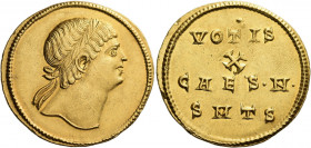 Constantine II caesar, 316 – 337.   Medallion of 2 Solidi, Thessalonica 327, AV 8.84 g. Diademed head of Constantine II r., looking upward. Rev. VOTIS...