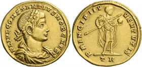 Constantius II caesar, 324 – 337.   Medallion of 1 ½ solidus, Treviri circa 326-327, AV 6.43 g. FL IVL CONSTANTIVS NOB CAES Laureate, draped and cuira...