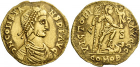 Constans, son of Constantine III, 410 – 411..   Solidus, Caesaragusta end 408-beginning 409, AV 4.06 g. D N CONSTA – NS P F AVG Pearl-diademed, draped...
