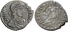 Jovinus, 411 – 413.   Siliqua, Arelate 411-413, AR 1.72 g. D N IOVIN – VS P F AVG Pearl-diademed, draped and cuirassed bust r. Rev. RESTIT – [VT] OR R...