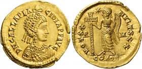 Galla Placidia, wife of Constantine III and mother of Valentinian III.   Solidus 426-430, AV 4.45 g. D N GALLA PLA – CIDIA P F AVG Pearl-diademed and ...