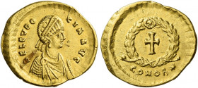 Aelia Eudocia, wife of Theodosius II.   Tremissis, Constantinopolis 420-450/455, AV 1.40 g. AEL EVDO – CIA AVG Pearl-diademed and draped bust r. Rev. ...