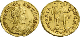 Majorian, 457 – 461.   Solidus, Ravenna 457–461, AV 4.38 g. D N IVLIVS MAIORI – ANVS P F AVG Helmeted, diademed, draped and cuirassed bust r., holding...