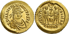 Anthemius, 467-472.   Solidus, Rome circa 467-472, AV 4.49 g. D N ANTHE-MIVS P F AG Diademed, helmeted and cuirassed bust facing slightly r., holding ...