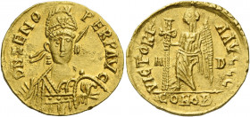 Julius Nepos, 474 – 475/80.   In name of Zeno. Solidus, Mediolanum circa 477-480, AV 4.47 g. D N ZENO PERP AVG Helmeted, pearl-diademed and cuirassed ...