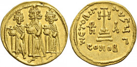Heraclius, 5 October 610 – 11 January 641, with colleagues from January 613.   Solidus 637-638 (?), AV 4.42 g. Heraclius, in centre, Heraclius Constan...