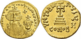 Constans II, September 641 – 15 July 678, with colleagues from 654.   Solidus 654-659, AV 4.34 g. d N CONSTANTINЧS C CONSTANT Facing busts of Constans...