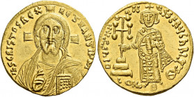 Justinian II, first reign 685 – 695.   Solidus 692-695, AV 4.45 g. IhS CRIStOS REX – REGNANtIY M Bust of Christ facing, cross behind head, r. hand rai...