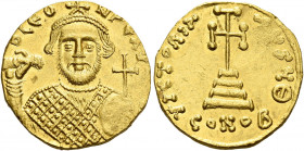 Leontius, 695-698.   Solidus 695-698, AV 4.46 g. D LЄO – [N PЄ AV] Bearded bust facing, wearing loros and crown and holding anexikakia and globus cruc...