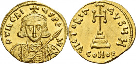 Tiberius III Apsimar, 698 – 705.   Solidus 698-705, AV 4.33 g. D tIbЄRI – ЧS PЄ – AV Bearded and cuirassed bust facing, wearing crown with cross on ci...