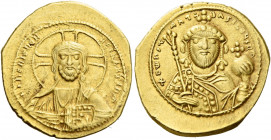 Constantine IX Monomachus, 11 June 1042 – 11 January 1055.   Tetarteron 1042-1055, AV 4.06 g. +IhS XIS RC XbCSNANTIhm Facing bust of Christ, nimbate, ...