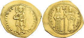 Theodora, 1055 – 1056.   Histamenon 1055-1056, AV 4.12 g. +IhS XIS DCX RCGNΛNTIhm Christ, nimbate, standing facing on footstool, wearing pallium and c...