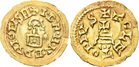 Erwig, 680 – 687. Carthaginensis, Toleto.   Tremissis circa 680-687, AV 1.427 g. + I•D•N•M•N•ERVIGIVSP+ Pearl-diademed and draped bust r. Rev. + TOLET...