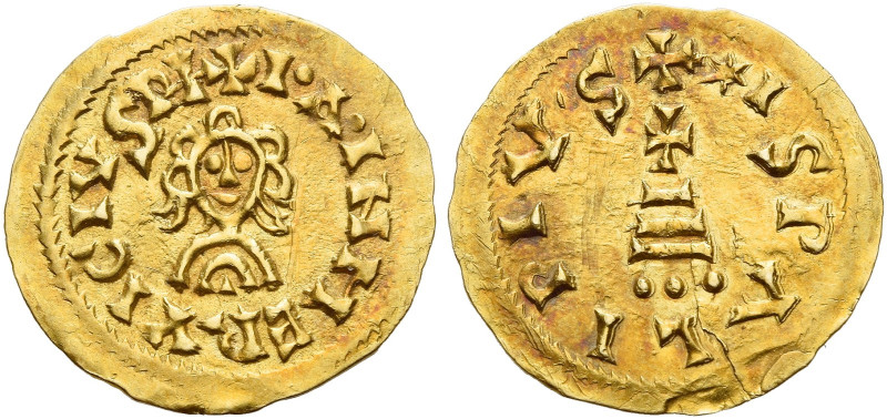 Erwig, 680 – 687. Baetica, Ispali.   Tremissis circa 680-687, AV 1.451 g. + I°Δ°...