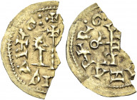 Egica and Witiza, 695 – 702. Gerunda.   Tremissis circa 695-702, AV 0.731 g. + [...]GICΛP+G: Confronted busts; between them, cross. Rev. [...]IZΛP+R°G...