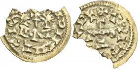Egica and Witiza, 695 – 702. Carthaginensis, Toleto.   Tremissis circa 695-702, AV 1.062 g. + INDINMEGICΛP+ Confronted busts, between them, cross. Rev...