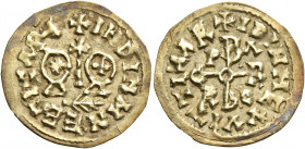 Egica and Witiza, 695 – 702. Baetica, Cordoba.   Tremissis circa 695-702, AV 1.22 g. + INDINMNEEGICΛP+ Two facing busts; between them, cross. Below, b...