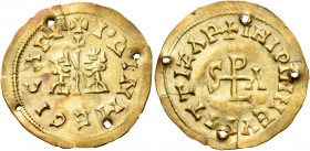 Egica and Witiza, 695 – 702. Ispali.   Tremissis circa 695-702, AV 1.383 g. + I°Δ°INMEGICΛP+ Confronted busts; between them, cross. Rev. + INIPINMEVVI...