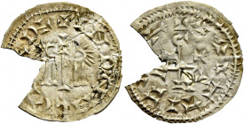 Egica and Witiza, 695 – 702. Lusitania, Egitania.   Tremissis circa 695-702, AV 0.787 g. + INDINMEGICΛP+ Confronted busts; between them, cross. Rev. +...