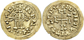 Egica and Witiza, 695 – 702. Emerita.   Tremissis circa 695-702, AV 1.381 g. + INDN•M•EGICΛP+ Confronted bust; between them, cross. Rev. + ID°N ME (in...