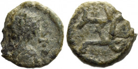 Anonymous Copper issues in Iberia. Emerita.   Bronze mid VII century, Æ 0.96 g. [CIVITAS] Bust l. Rev. Monogram. Crusafont, group C. Pliego, 2020, typ...