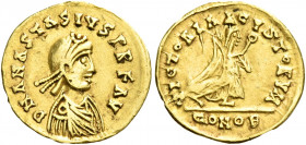 The Burgundians. Godegisel, 473–500.   Pseudo-Imperial Coinage. In the name of Anastasius I, 491 – 518. Tremissis, Lugdunum 491-518, AV 1.43 g. DN ANA...