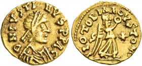 The Burgundians. Gundomar II, 524 – 532.   Pseudo-Imperial Coinage. In the name of Justin I, 518 – 527. Tremissis, Lugdunum 524-532, AV 1.48 g. DN IVS...