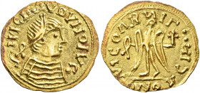 The Merovingians.   Pseudo-Imperial Coinage. In the name of Justin II, 565 – 578 (?). Tremissis, north Burgundy, 565-578, AV 1.39 g. IVICNSVOVNOIVC•• ...