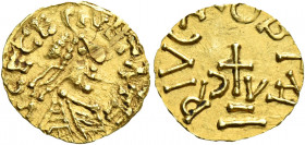The Merovingians. Uzθs, circa 575-675.   Tremissis Arius (?) moneyer circa 575-675, AV 1.24 g. VCECE CIVITΛTE Diademed and draped bust r. Rev. RIVCMOP...