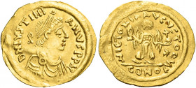 The Lombards. Lombardy.   Pseudo-Imperial Coinage. In the name of Justinian I, 527-565. Tremissis circa 568-690, AV 1.66 g. DN IVSTINI – ANVS PP AVC P...
