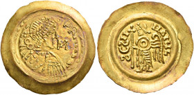 The Lombards. Regal coinage, 668 – 774. Liutprand, 717-744. Tremissis 717-744, AV 1.29 g. [DN LIV] – TPRAN RX Pearl-diademed, draped and cuirassed bus...