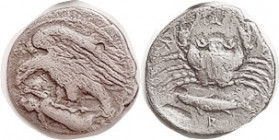 AKRAGAS , Hemidrachm, Eagle on hare l./crab & fish, c.410-406 BC, SNG ANS 1002; F-VF, nrly centered, a little porous with some small surface faults, b...