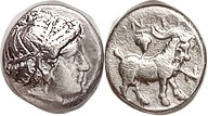 ANTANDROS , Trihemiobol, 4th cent BC, Artemis Astyrene head r/Goat stg r, grape ...