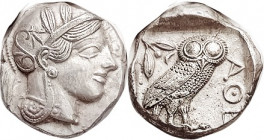 ATHENS , Tet, 449-413 BC, Athena head r/owl stg r, S2526; Choice EF, obv centered, rev a bit off-ctr to bottom; good fresh metal with lt tone; again t...