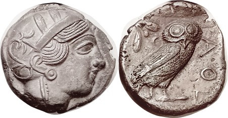 ATHENS , Tet, 449-413 BC, Athena head r/owl stg r, S2526; EF, well centered & sh...