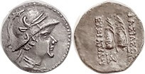 BAKTRIA, Eukratides I, 171-135 BC, Obol, Helmeted head r/caps of the Dioscuri with palm branches, S7578; EF, centered, well struck with excellent deta...